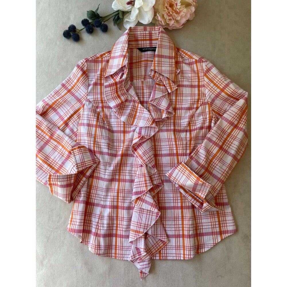 Sharagano Womens Ruffled Retro Madras Plaid Button Shirt M Preppy Cottagecore